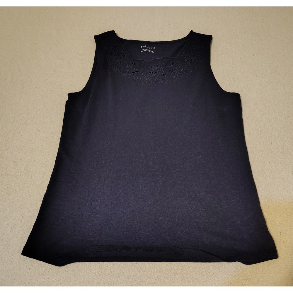 Talbots Womens Black Lace Neck Tank Top Size Medium Cotton Blend QQ